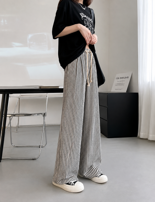美シルエット ストライプ柄リラックスワイドパンツ