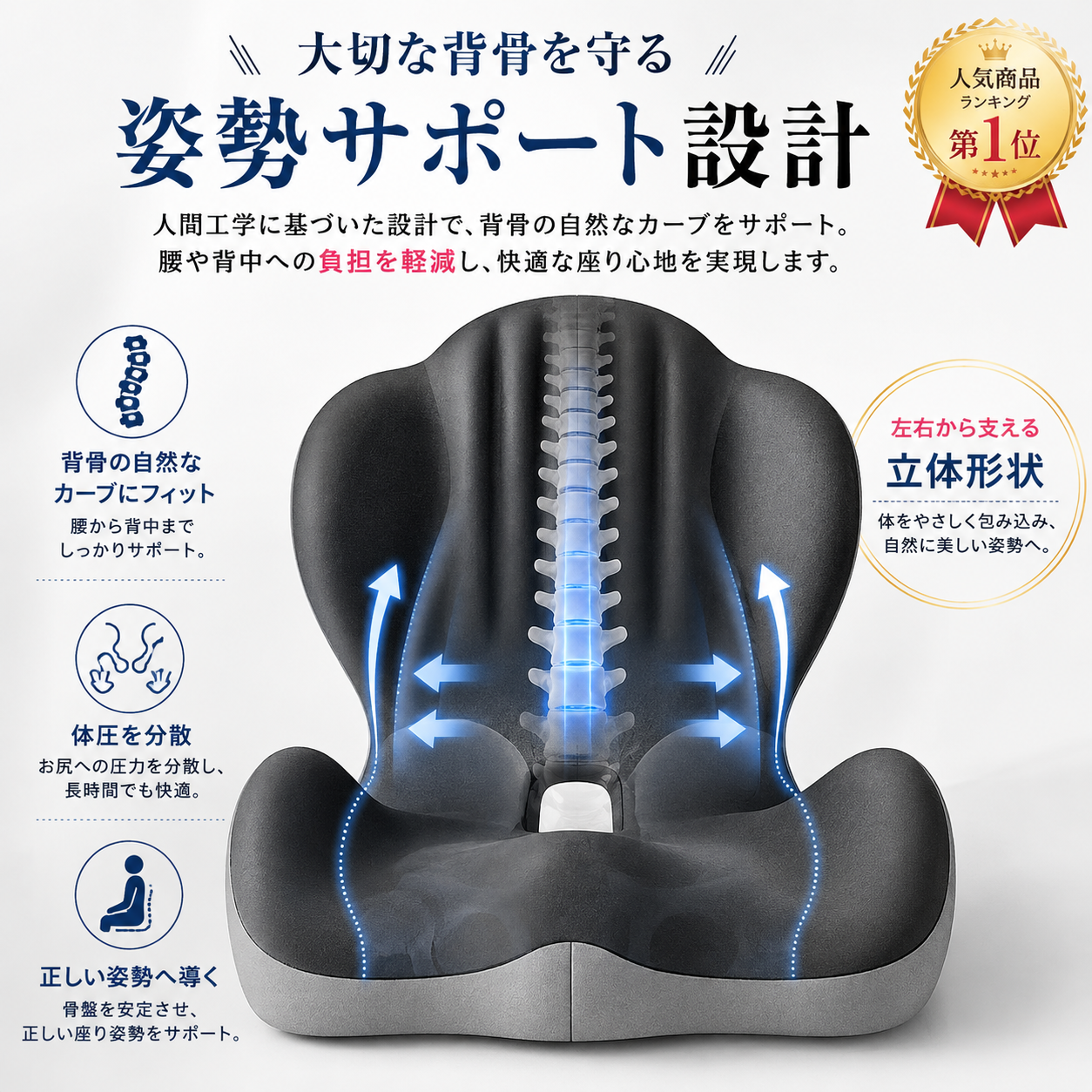 人間工学設計メモリーフォーム姿勢サポートクッション