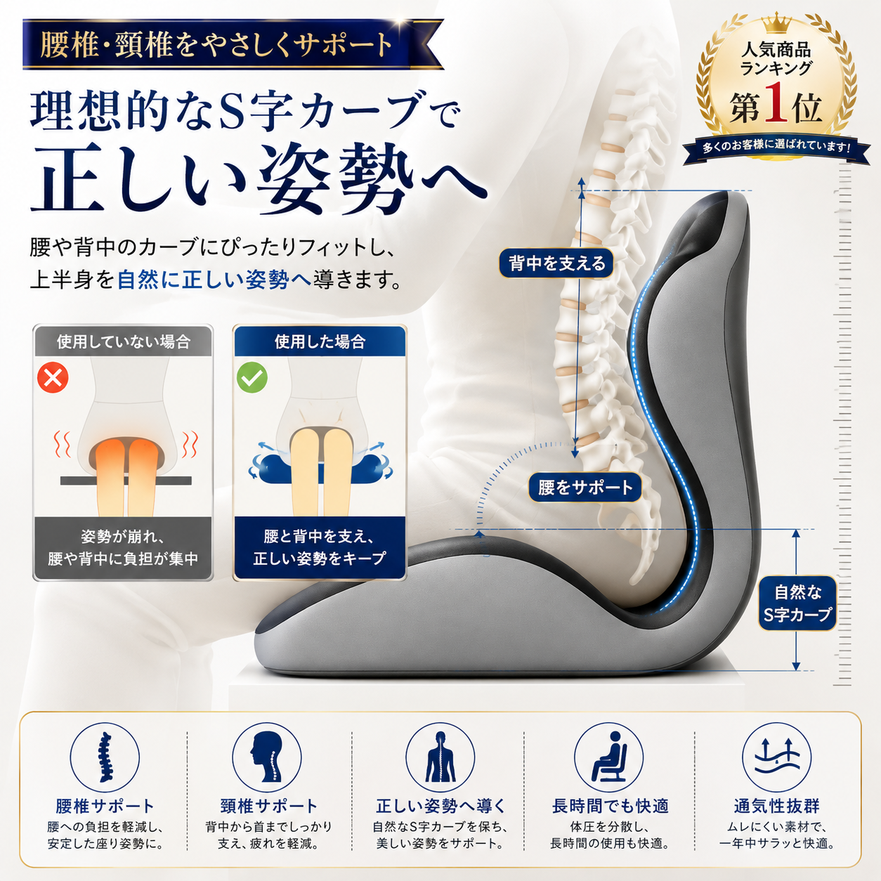 人間工学設計メモリーフォーム姿勢サポートクッション